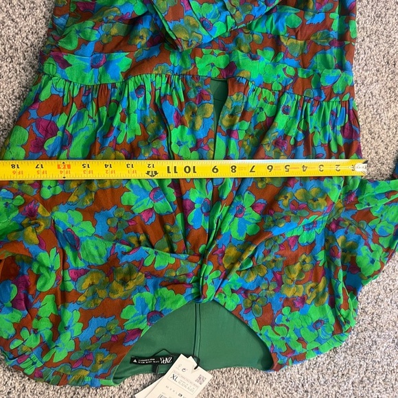 NWT! Zara Green Blue Floral Multicolored Draped Front Top Slit  Mini Dress XL - Picture 8 of 13